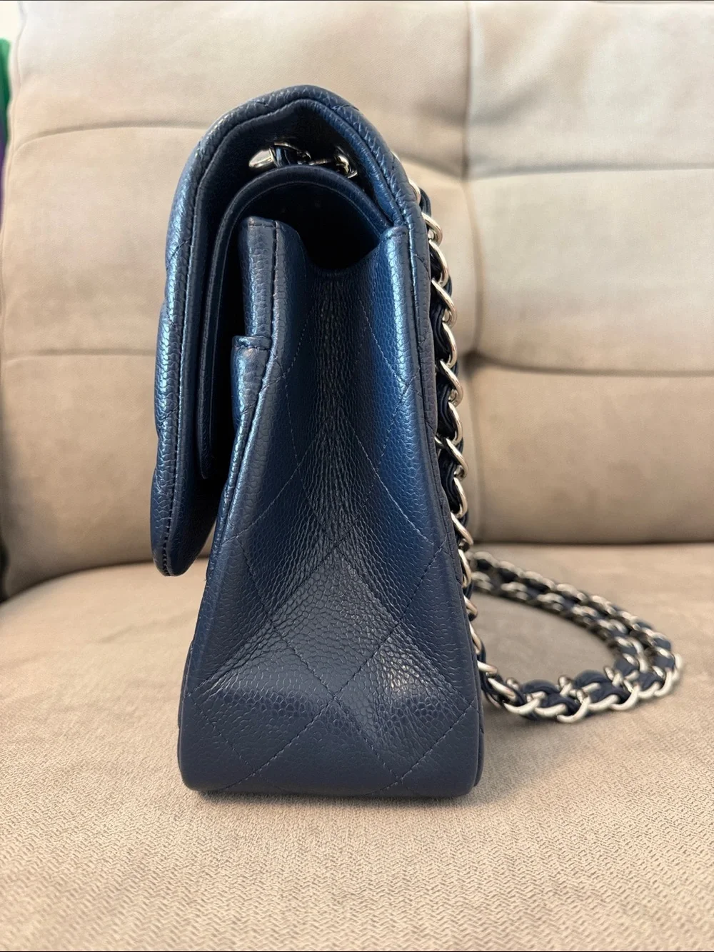 Authentic Chanel Classic Jumbo Double Flap Bag - Navy Blue Caviar Leather